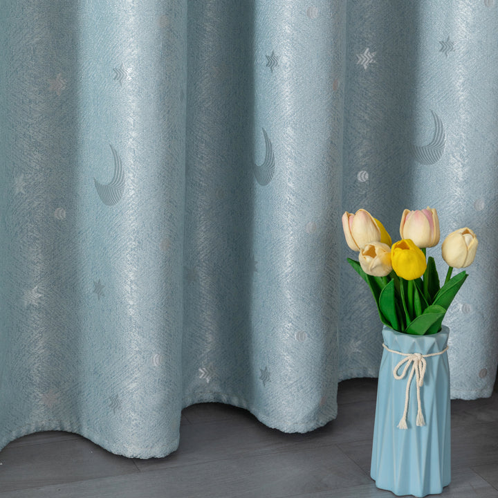 TENDA JACQUARD SEMI OSCURANTE FANTASIA LUNA E STELLE 1 PANNELLO 140X275CM CELESTE