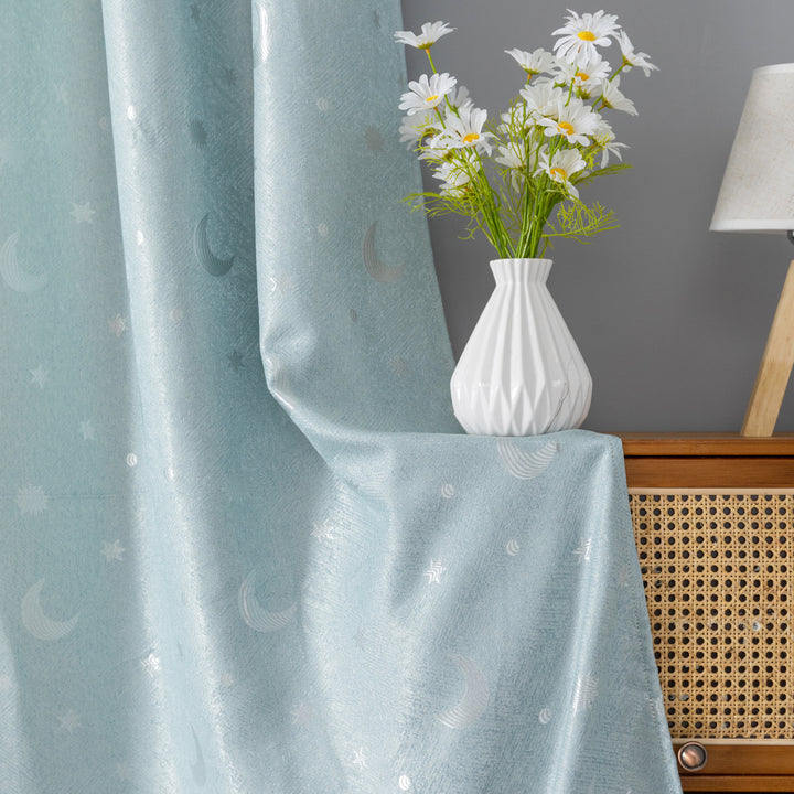 TENDA JACQUARD SEMI OSCURANTE FANTASIA LUNA E STELLE 1 PANNELLO 140X275CM CELESTE