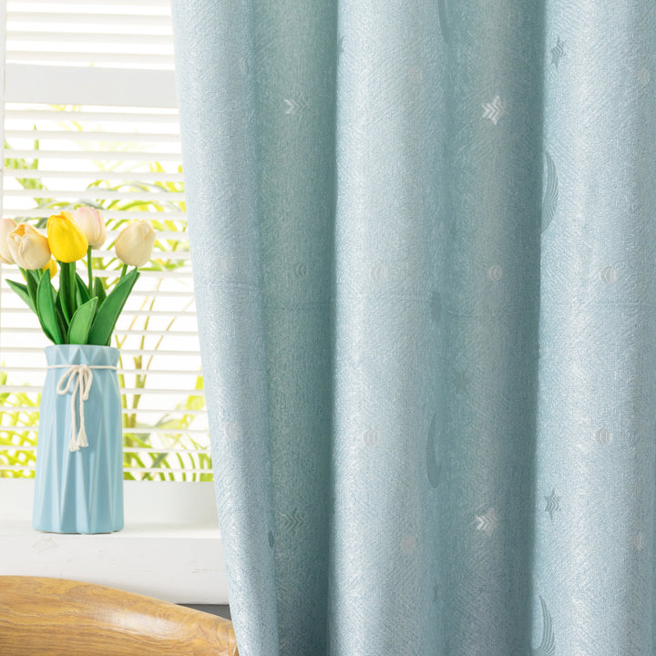 TENDA JACQUARD SEMI OSCURANTE FANTASIA LUNA E STELLE 1 PANNELLO 140X275CM CELESTE