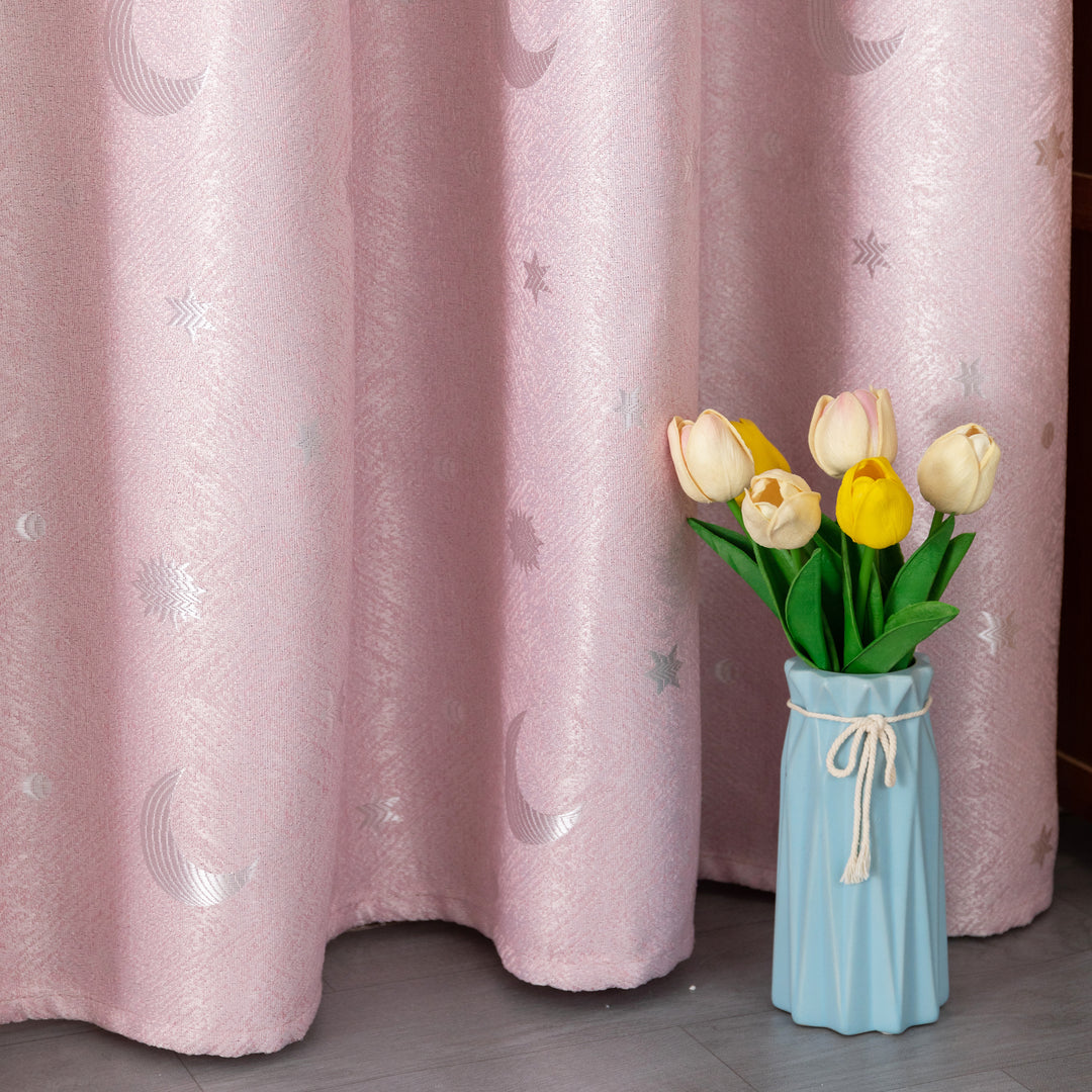 TENDA JACQUARD SEMI OSCURANTE FANTASIA LUNA E STELLE 1 PANNELLO 140X275CM ROSA