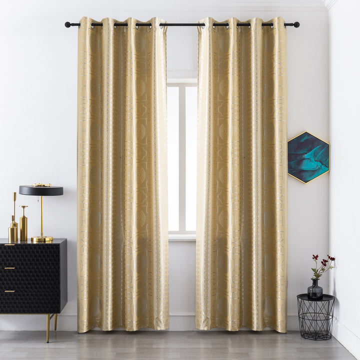 COPPIA TENDE SANTORINI JACQUARD SEMI OSCURANTE MOTIVO ORIENTALE 2 PANNELLI 140X275CM ORO