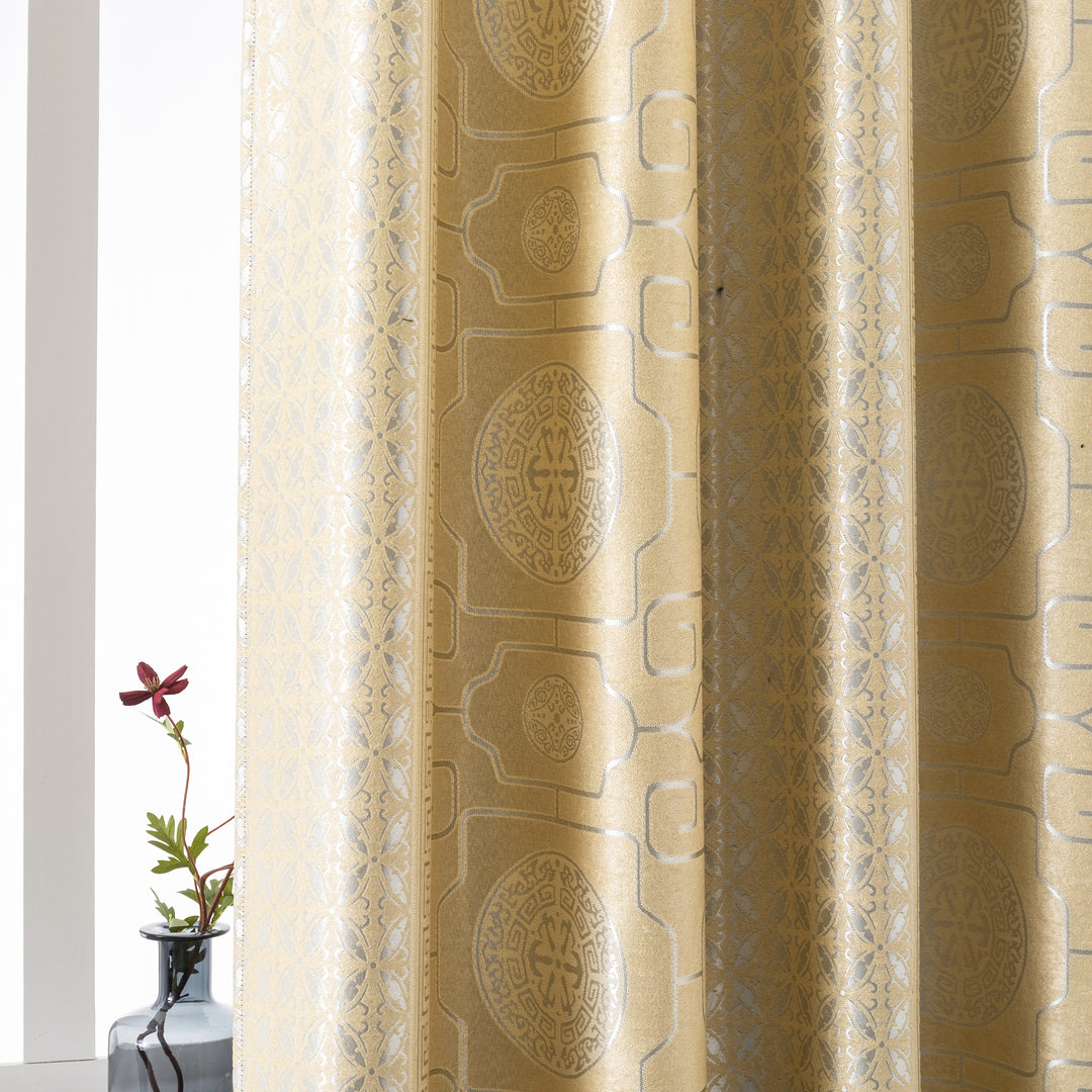 COPPIA TENDE SANTORINI JACQUARD SEMI OSCURANTE MOTIVO ORIENTALE 2 PANNELLI 140X275CM ORO