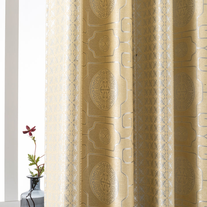 COPPIA TENDE SANTORINI JACQUARD SEMI OSCURANTE MOTIVO ORIENTALE 2 PANNELLI 140X275CM ORO