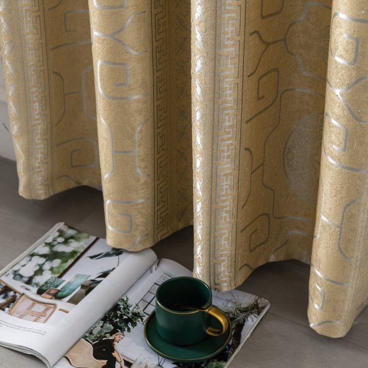 COPPIA TENDE SANTORINI JACQUARD SEMI OSCURANTE MOTIVO ORIENTALE 2 PANNELLI 140X275CM ORO