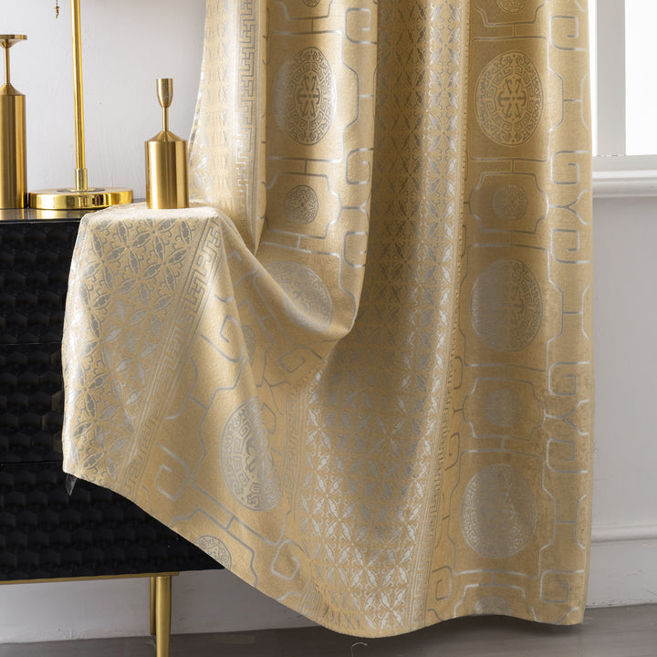 COPPIA TENDE SANTORINI JACQUARD SEMI OSCURANTE MOTIVO ORIENTALE 2 PANNELLI 140X275CM ORO