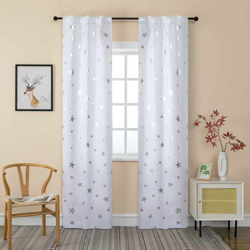 COPPIA TENDE SEMI OSCURANTI FANTASIA STELLE ARGENTATE 2X70X235CM BIANCO