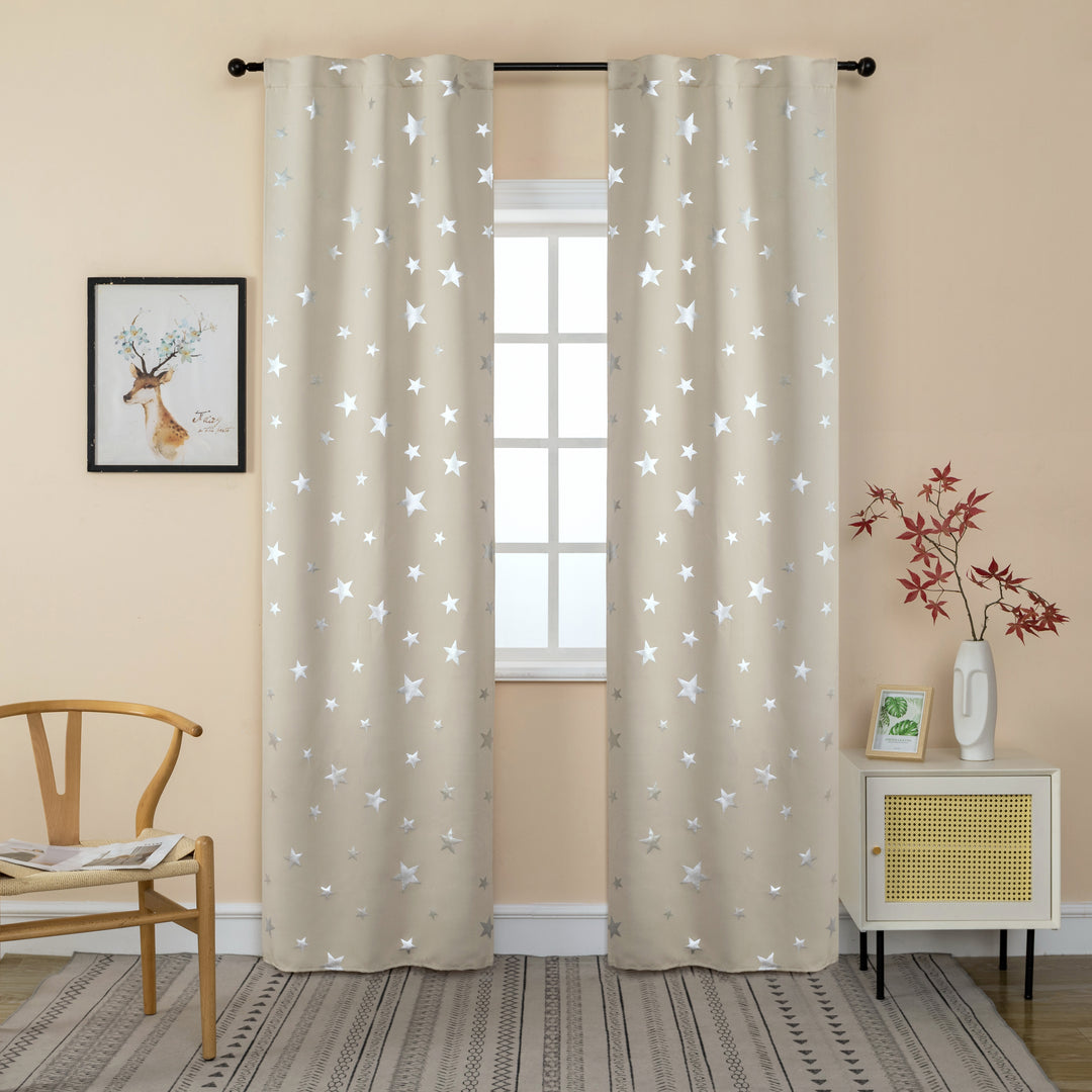 COPPIA TENDE OSCURANTI FANTASIA STELLE ARGENTATE 2X70X235CM BEIGE