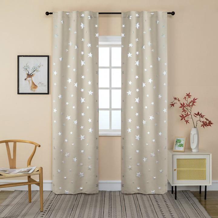 COPPIA TENDE OSCURANTI FANTASIA STELLE ARGENTATE 2X70X235CM BEIGE