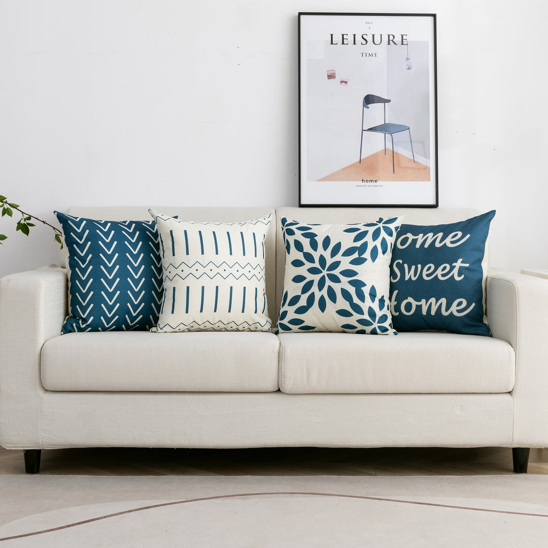 Set Di 4 Federe Per Cuscini 45x45 Cm, Motivo Floreale 'Home Sweet Home' Con Scritta, Blu, In Tessuto Iuta, Con Cerniera Nascosta