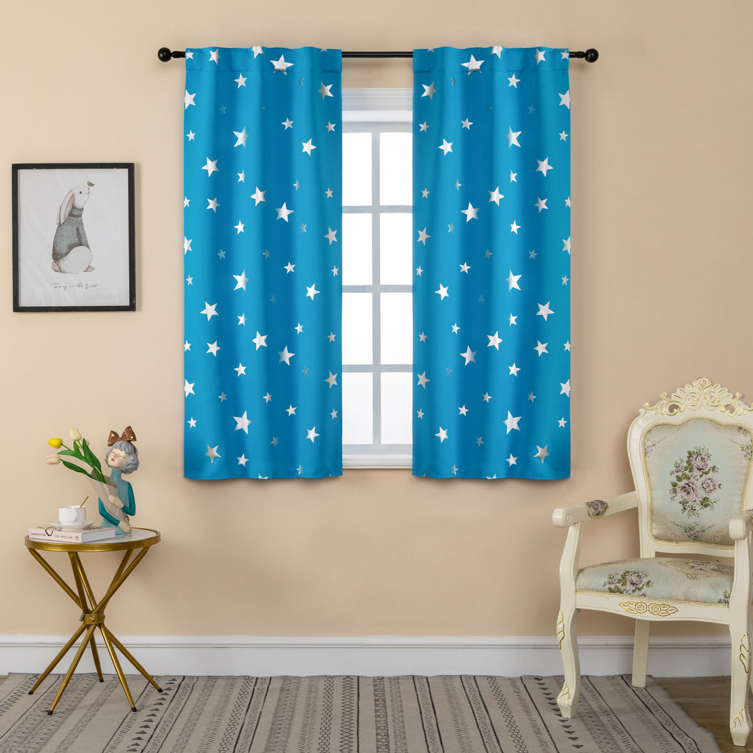 COPPIA TENDE OSCURANTI FANTASIA STELLE ARGENTATE 2X70X145CM CELESTE