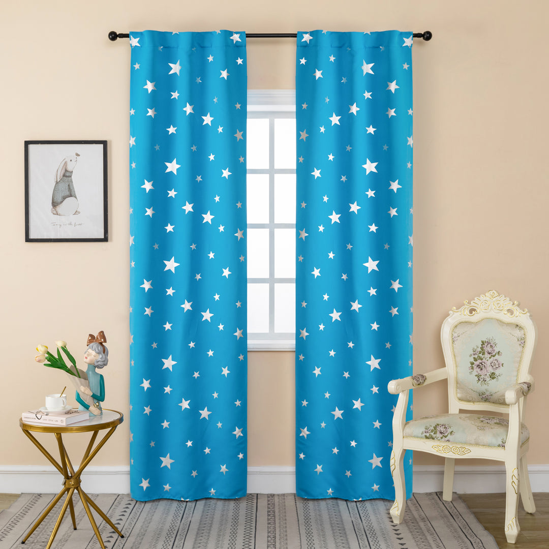 COPPIA TENDE OSCURANTI FANTASIA STELLE ARGENTATE 2X70X235CM CELESTE