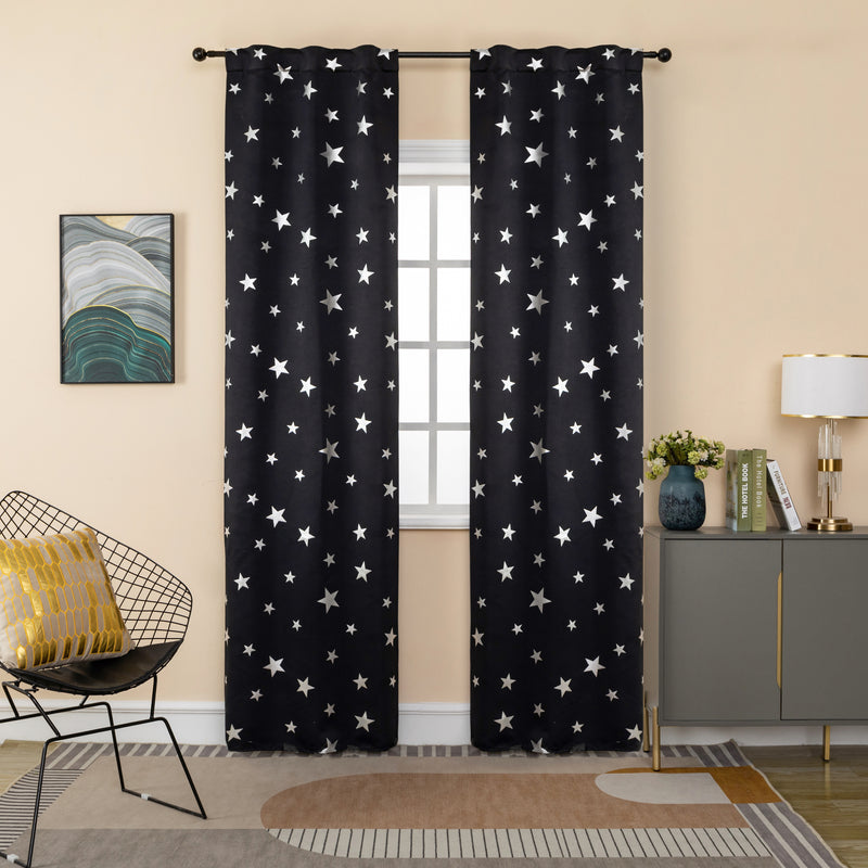 COPPIA TENDE OSCURANTI FANTASIA STELLE ARGENTATE 2X70X235CM NERO