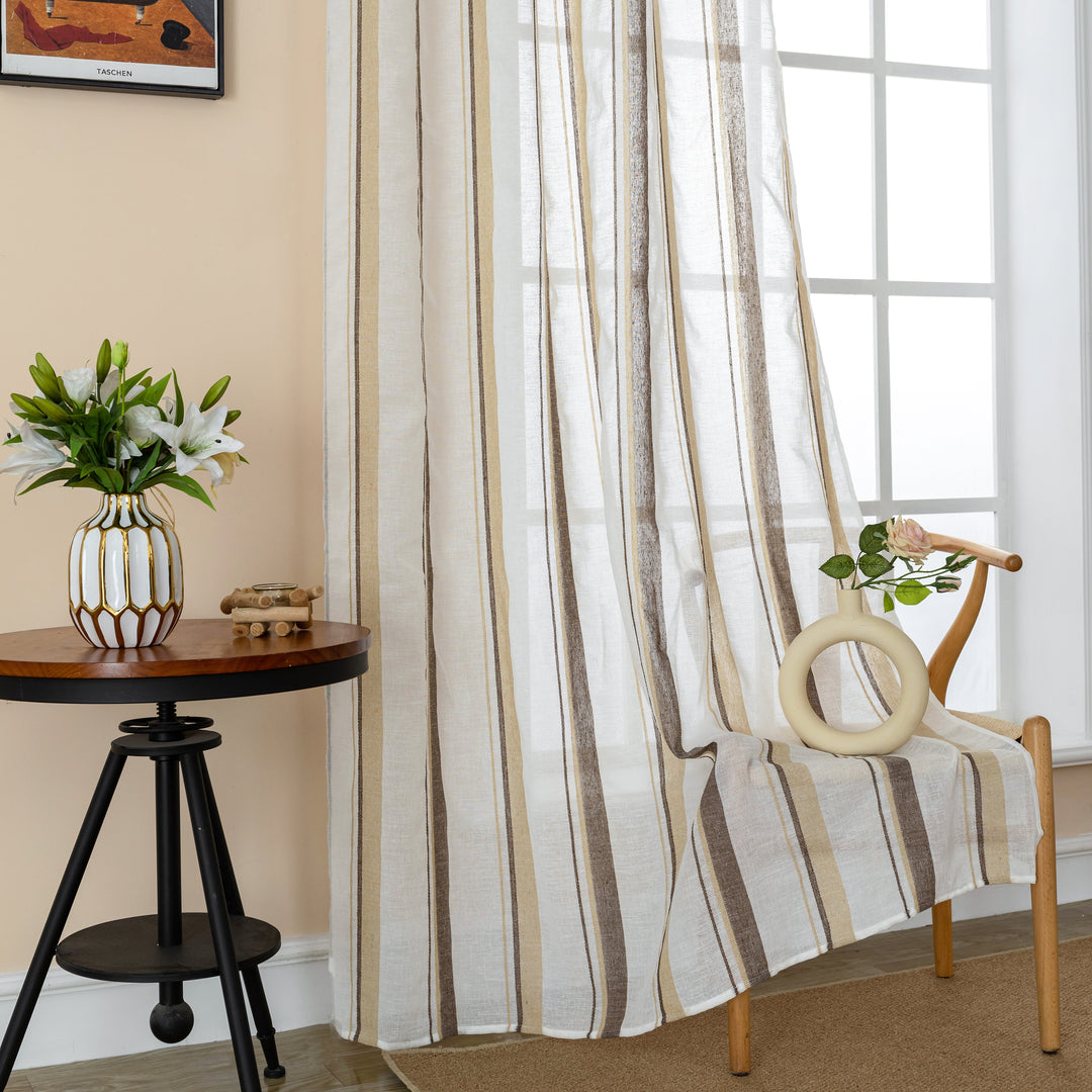 TENDA SEMI TRASPARENTE EFFETTO LINO A RIGHE VERTICALI 1 PANNELLO 140X275CM GIALLO+MARRONE