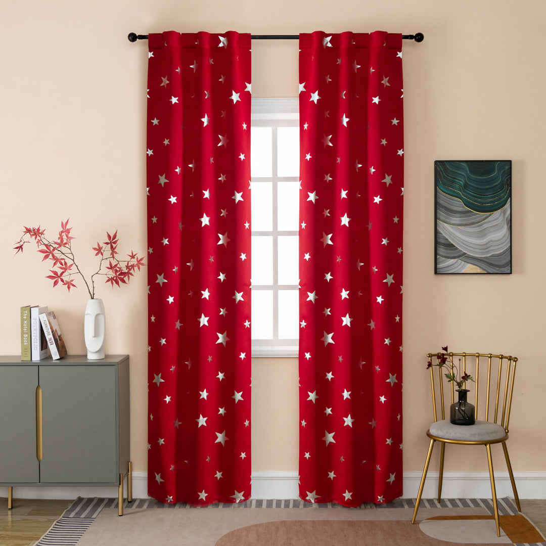 COPPIA TENDE OSCURANTI FANTASIA STELLE ARGENTATE 2X70X235CM ROSSO